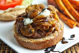 Burgers Smothered In A Caramelized Onion Mushroom And Blue Cheese Sauce Recipe Blue Cheese Sauce Stuffed Mushrooms Food