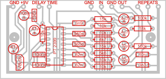 Checking the schematic from diystomboxes the 10nf and 22nf capacitors just below pt2399 should be 2.2nf and 1nf, also mentioned in previous comments. Pt2399 Echo Circuit Pcb