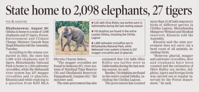 Odisha is home to: - 2098 elephants - 1850 saltwater crocodiles(~70% of India's saltwater crocs) - 257 muggers - 14 gharials - 27 tigers - 743 dolphins - 3.01 lakh Olive Ridley turtles came for nesting in last season - 15.92 lakh migratory birds ...
