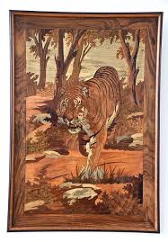 Art Deco Wood Inlay Panel With Tiger France 1930 Wood Inlay Art Art Deco