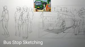 Vector drawing of the casual townspeople waiting a bus. Bus Stand Composition Sketching Bus Stop Drawing Youtube