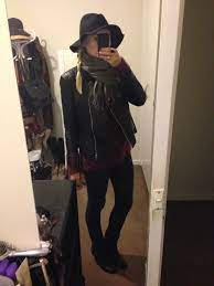 Style Black Sportsgirl Hat Black Biker Leather Jacket Maroon Sportsgirl Fluffy Jumper Grey Scarf Black Betti Leather Jacket Studded Ankle Boots Grey Scarf