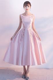 Elegant Pink Satin Mid Length Bridesmaid Dress Pearl Halter Homecoming Dress Tea Length Prom Dress Pink Evening Dress Evening Dresses