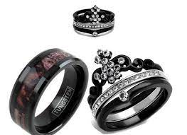 His Tungsten Camo And Her Cz Crown Black Stainless Steel Wedding Ring Set Stainless Steel Wedding Ring Wedding Ring Sets Wedding Rings
