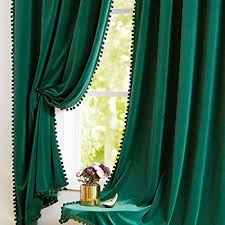 Emerald green and gray living room features a gray velvet tufted sofa lined with emerald green greek key pillows, placed in front of a window dressed in platinum gray curtains, facing a pair of dark gray. Buy Pompom Green Curtains Velvet Drapes Bedroom Window Curtains 84 Inch Long Living Room Rod Pocket Window Treatment Set 2 Panels Dark Green Online In Turkey B0839cmckg