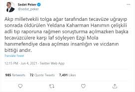 Sedat peker'in 'daki videolarının ardından twitter hesabından. Sedat Peker Den Ezgi Mola Mesaji