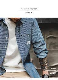 复古衬衫 马登工装 蓝白条纹四季阿美咔叽扣领长袖男 阿里巴巴 merchandising displays xxl merchandise