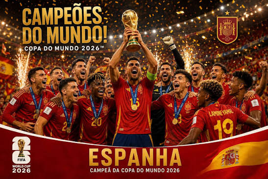 Seleção da Espanha comemorando o título da Copa do Mundo 2026 com a taça