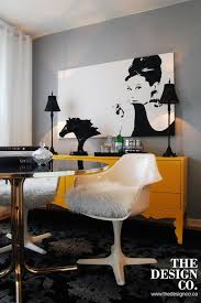 Yellow And Gray Room Features Walls Painted Charcoal Gray Lined With An Audrey Hepburn Canvas From Ikea Ov Grey Room Decor Interior Design Audrey Hepburn Decor