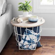Industrial Cream Wire And Wood Basket Side Table With Images Wood Basket Side Table Decor