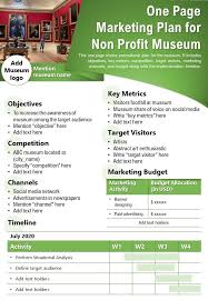 Similar to a business marketing plan, a nonprofit marketing plan highlights your chosen marketing strategies, the audiences you're focusing on, your goals and desired outcomes, and much more. One Page Marketing Plan For Non Profit Museum Presentation Report Infographic Ppt Pdf Document Presentation Graphics Presentation Powerpoint Example Slide Templates