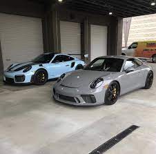 Porsche 991 2 Gt3 Painted In Paint To Sample Nardo Gray Parked Next To A Porsche 991 2 Gt2 Rs Painted In Paint To Sample Gulf B Nardo Grey Porsche Cars Porsche