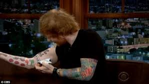 Creative and smart, mayer has got himself tattooed uniquely. John Mayer And Ed Sheeran Get Tattoos Designed By Each Other On The Late Late Show Daily Mail Online