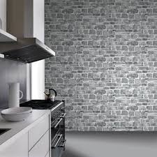 Bunch of kitchen wall design, and materials idea like plywood, stone, vinyl, glass, art, wallpaper, etc. Grey Brick Wallpaper Kitchen