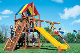 The slide deck has posts set in but no planks yet. Quality Swing Sets Rainbow Play Systems Wooden Swing Sets