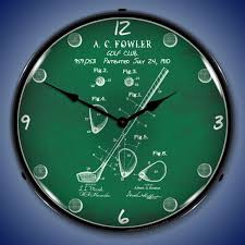 Wall hanging art, wall decor, gift idea, poster. Golf Club 1910 Patent Light Up Wall Clock At Retro Planet