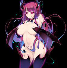 shiki (psychedelic g2), myusca (succubus prison), original, succubus prison,  1girl, black background, breasts, curvy, demon girl, hair ornament,  hairclip, horns, large breasts, long hair, mole, mole on breast, mole under  mouth, pointy