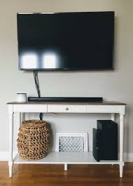 Mounted Tv With Console Table In Progress Hide Cables And Cable Box Using A Basket How To Hide Mounted Tv Cables Witho Hide Tv Wires Mounted Tv Hide Cables