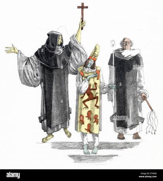 The novel figure Candide stands here as a heretic, with two clergymen, as  part of Auto da Fe in Lisbon Stock Photo - Alamy