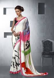 Off White Silk Crepe Printed Saree With Blouse 59459 Saree Designs Party Wear Sarees Bridal Fashion Designers