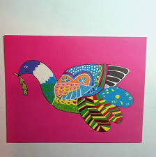 Vintage Xmas Greeting Card Art By Sally Wesley Colorful Peace Dove On Pink