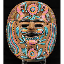 Vintage Mexican Ceramic Hanging Mask Folk Art Hand Formed Painted Pink Turq Mexican Folk Art Painting Folk Art Painting Art