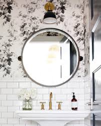 Black And White Floral Wallpaper Bathroom Black And White Floral Wall Paper Round Mirror And White Subway Tile Light Fixture By Schoolhouse Electric Powder Room Small