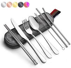 Amazon Com Reusable Travel Utensils Silverware With Case Travel Camping Cutlery Set Chopsticks And Straw For Travel Utensils Cutlery Set Portable Utensils
