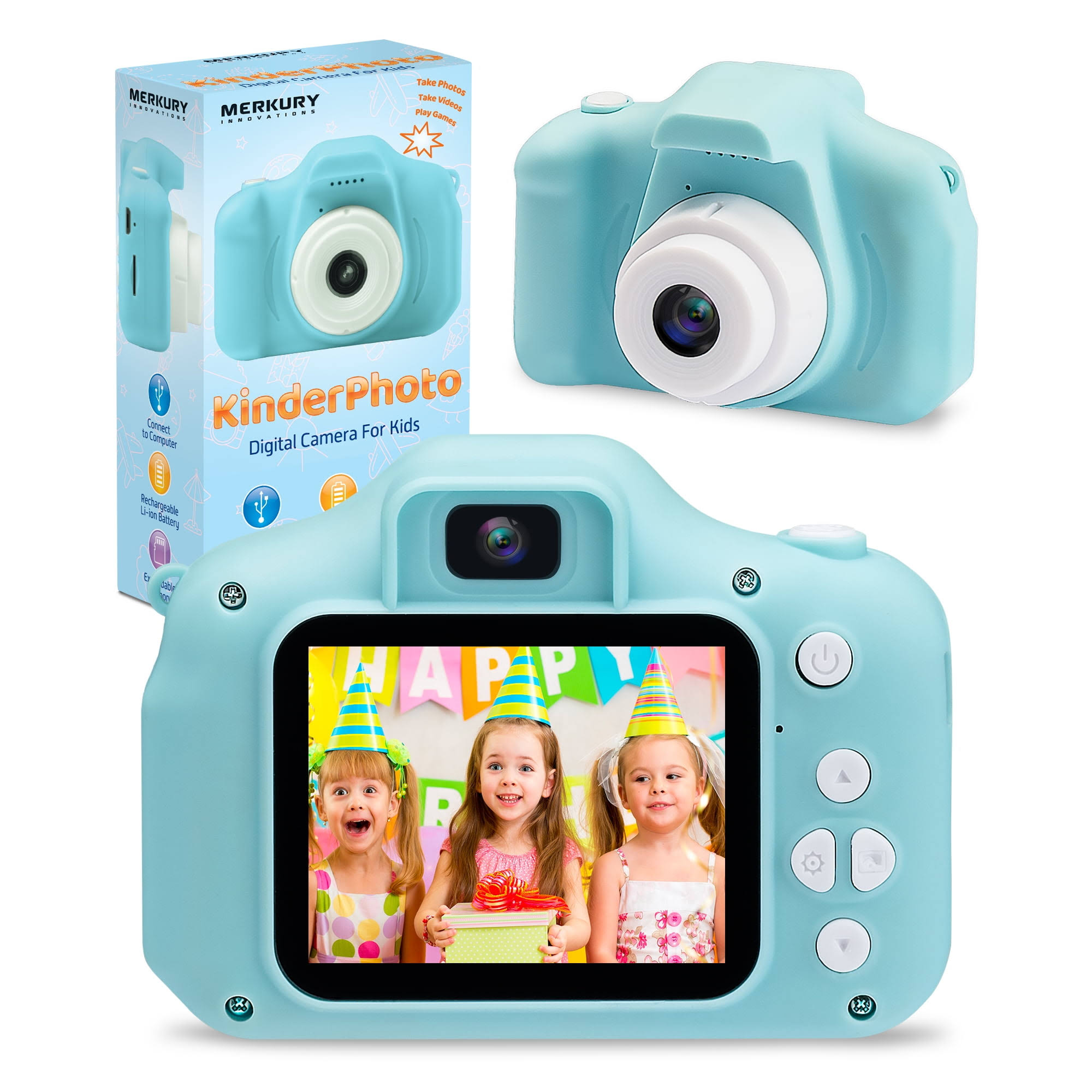 Kinderphoto Digital Camera for Kids Blue, 3mp, 1080p Video, Games, and More! Merkury Innovations