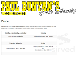 If you are coming with your rv or are looking for a cabin the wisconsin dells koa is the place to be. Paul Bunyan S Cook Shanty Menu In Wisconsin Dells Wisconsin Usa