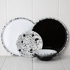 Black And White Dish Set Black And White Enamelware Dinnerware Enamelware Decor Black And White Dishes Enamelware