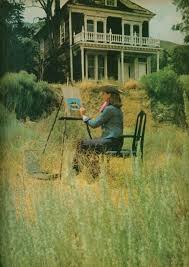 I Was From The City She Was From The Outside Harper S Bazaar July 1974 Christine Hall Painting Outside A House That She Restored In Virginia City Nevada Hall Painting Artist At Work Space Art
