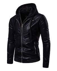 Double Zipper Pu Leather Hooded Jacket Black 3z88351813 Size M Leather Hoodie Leather Jacket With Hood Casual Leather Jacket