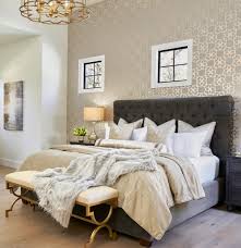 Transitional Master Bedroom With Wallpaper Accent Wall And European White Oak Floors Gold And Small Bedroom Remodel Master Bedroom Wallpaper Remodel Bedroom