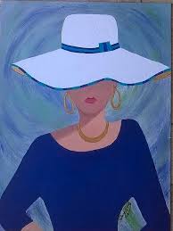 Three women in church painting. Lady In White Hat Painting By Patricia Voelz