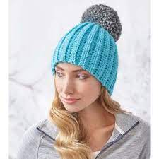 Red Heart Crochet Rib Hat With Pompom Crochet Hat Pattern Crochet Hats Knitted Hats