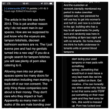 A totally sane conversation about the looming specter of men  trans women  sniffing your used tampons. : rGenderCynical