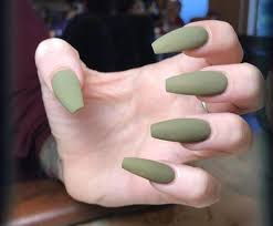 Acrylic coffin nails with flower design. Olive Green Coffin Shaped Nail Extensions Green Acrylic Nails Green Nails Olive Nails