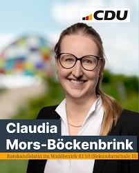 Claudia Mors-Böckenbrink kandidiert im Wahlbezirk 8110 (Sekundarschule II),  ist 31 Jahre alt, gebürtige Selmerin 🏡, verheiratet 💍 und seit einigen  Jahren als Richterin tätig ⚖️. Schon in ihrer Schulzeit entdeckte sie ihr