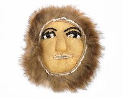 Bertha Andrew Mekoryuk Nunivak Island Alaska Eskimo Native Made Hide Mask  Wall Hanging Fox Fur Hair Woman Art Sculpture