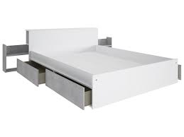 Grâce aux espaces intégrés, vous pourrez stocker vos vêtements, une couette ou même des livres. Lit Avec Tiroirs Chevets Integres Blanc Beton 140x190 Frank