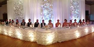 Head Table With Round Sweetheart Table In The Center Decorated With Puffy Barrel Table Skirt And Wedding Reception Head Table Head Table Wedding Bridal Table