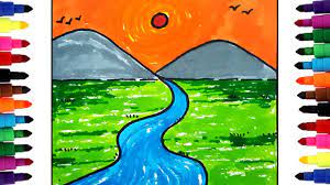 How To Draw Mountain And River For Kids | Beginners Mountain Landscape  Drawing - Youtube