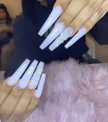 Holographic nails are shiny and have no extra designs. White Acrylic Nails With Rhinestones Long Acrylic Nails Coffin Bling Acrylic Nails Long Acrylic Nail Designs
