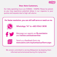 Astro customer service centre sarawak csc kuching ground floor, stallion sublot 17, rock commercial center, 1 1/2 mile, jalan rock, 93200, kuching, sarawak operating hours: We Ve Revised Our Call Centres Daily Astro Kedah Perlis Facebook