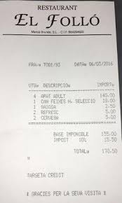 Coming next, either in sequence or in time. Factura De Cuatro Comensales Picture Of Restaurant El Follo Tagamanent Tripadvisor