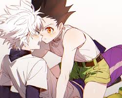 yomi4310, gon freecss, killua zoldyck, hunter x hunter, commentary request,  highres, 2boys, bare shoulders, black hair, blue eyes, boy on top, brown  eyes, child, face