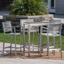 Patiofestival 3 pcs outdoor height bistro chairs set patio swivel bar stools with 2 yard armrest chairs and 1 glass top table,all weather steel frame. Noble House Cape Coral Silver 5 Piece Aluminum Outdoor Bar Height Bistro Set With Gray Wicker Top Table 41670 The Home Depot