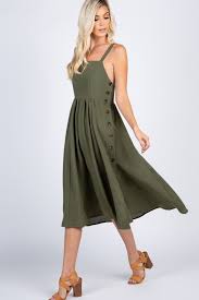 Olive Side Button Sleeveless Midi Dress Spring Dresses Casual Semi Casual Dresses Midi Dress Summer