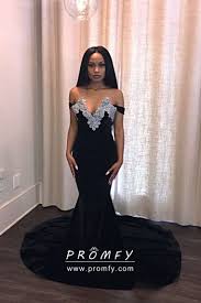 Silver Lace Appliqued V Neck Off The Shoulder Wide Straps Black Velvet Mermaid Floor Length Afri Prom Girl Dresses Black Girl Prom Dresses African Prom Dresses